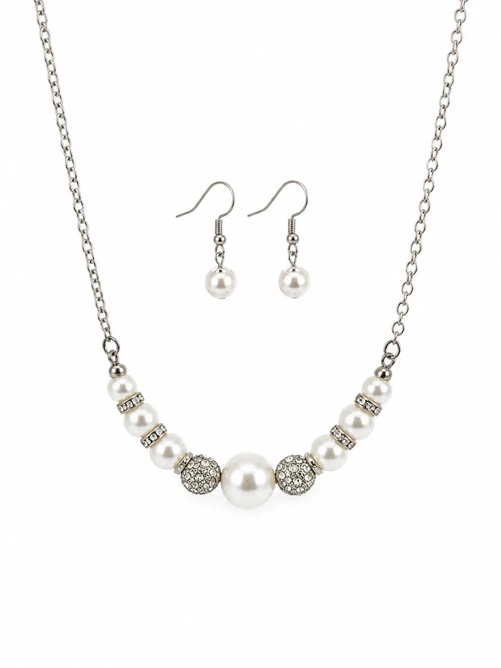 Silver Tone Faux Pearl Rhinestone Necklace & Earrings Set Wedding Bridal Gift